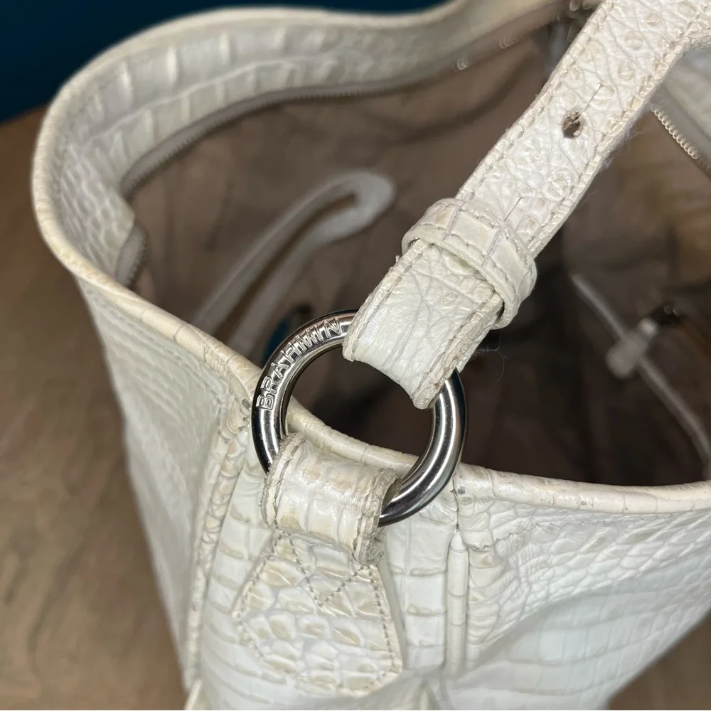 Brahmin Hobo Crocodile Embossed Slouchy Leather Bag Pearl White Large Purse